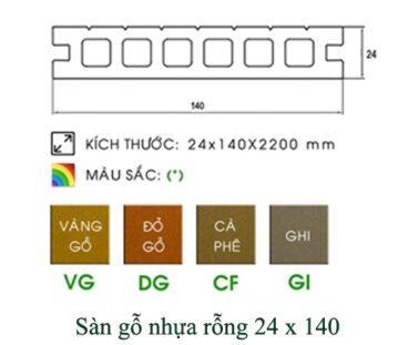 kích thước Sàn gỗ nhựa rỗng 24x140
