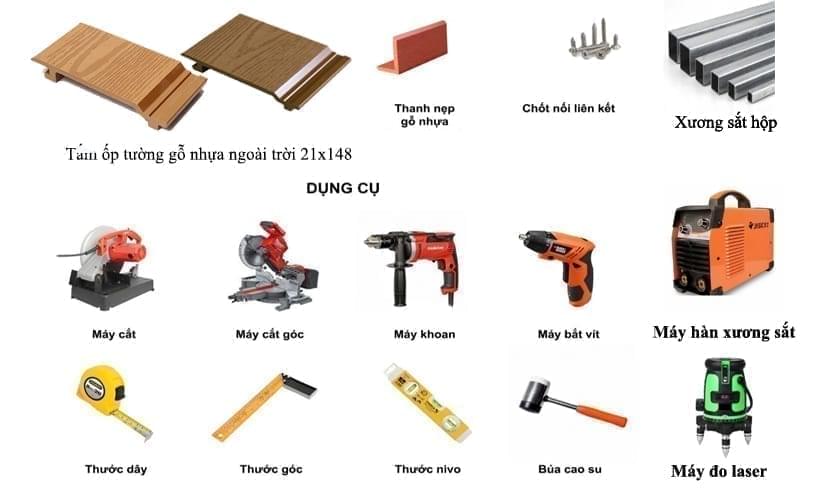 Vật tư dụng cụ thi công ốp tường gỗ nhựa ngoài trời